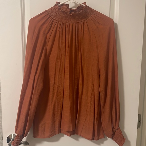 Photo inspiration: Quon Diversity Brownlogged Wooden Blouse Decorations Reference: Eleven Oaks Tops Orangish Sheer Blouse High Neck Wood Detail